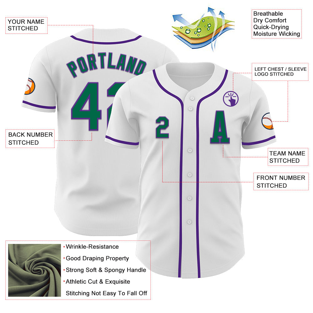 Custom White Kelly Green-Purple Authentic Baseball Jersey view 2