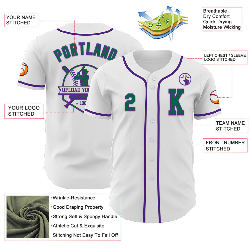 Custom White Kelly Green-Purple Authentic Baseball Jersey view 6