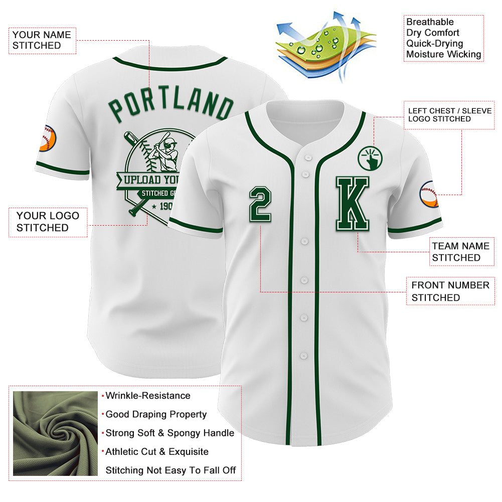 Custom White Green Authentic Baseball Jersey view 6