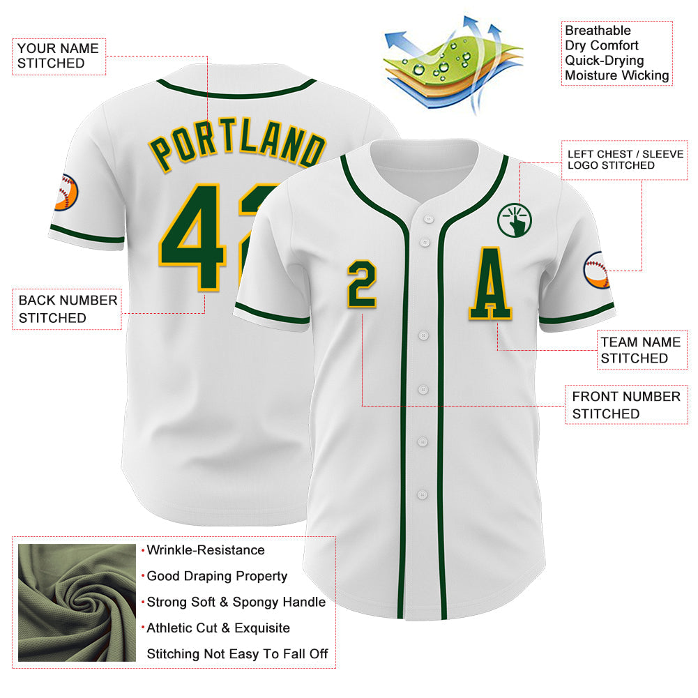 Custom White Green-Gold Authentic Baseball Jersey view 2