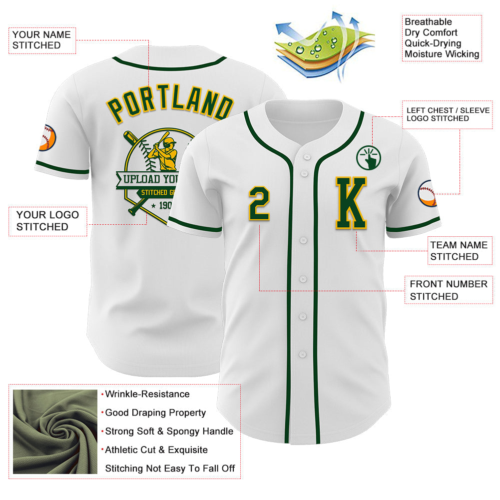 Custom White Green-Gold Authentic Baseball Jersey view 6