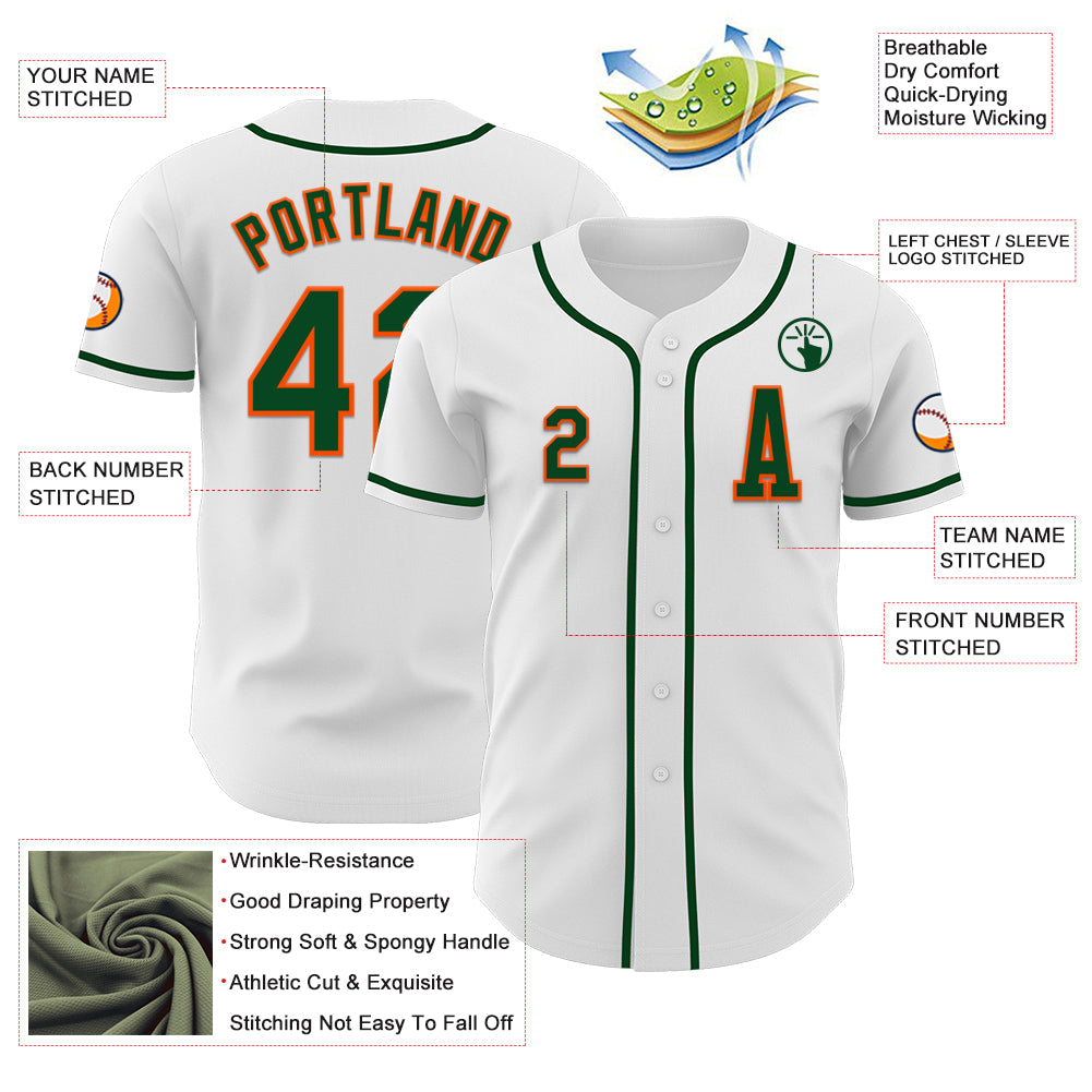 Custom White Green-Orange Authentic Baseball Jersey view 2