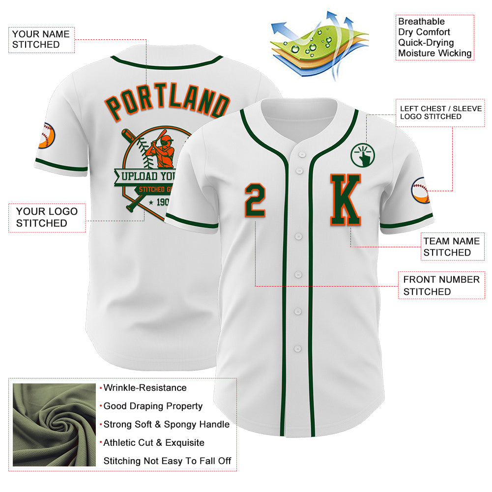 Custom White Green-Orange Authentic Baseball Jersey view 6