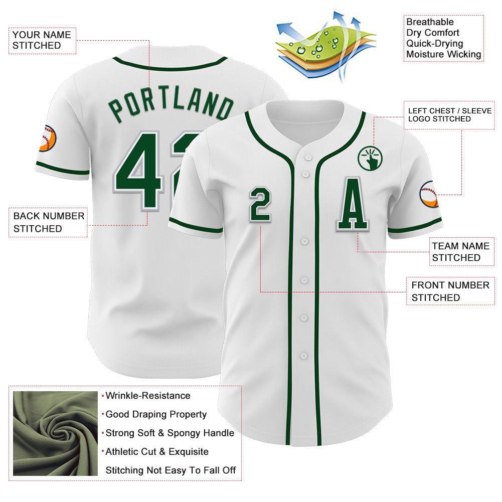 Custom White Green-Gray Authentic Baseball Jersey view 2