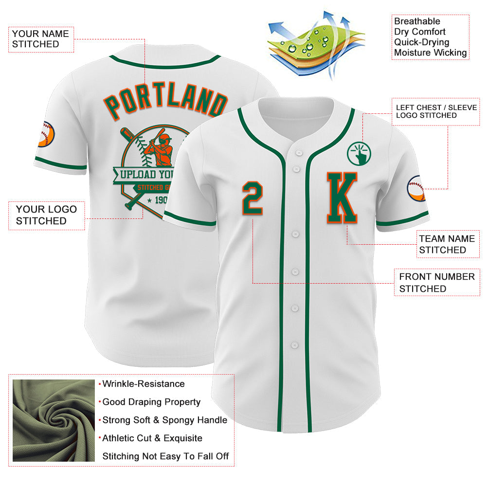 Custom White Kelly Green-Orange Authentic Baseball Jersey view 6