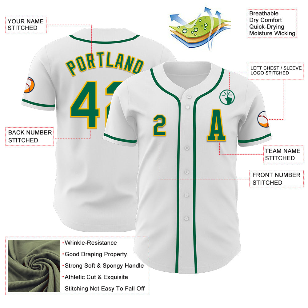 Custom White Kelly Green-Gold Authentic Baseball Jersey view 2