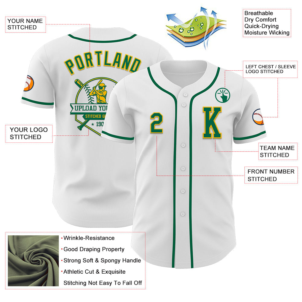 Custom White Kelly Green-Gold Authentic Baseball Jersey view 6