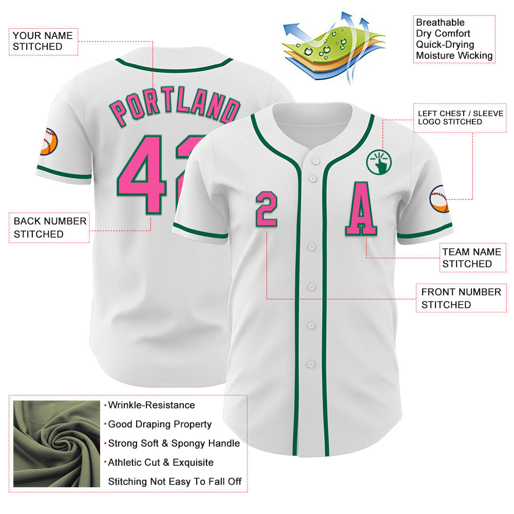 Custom White Pink-Kelly Green Authentic Baseball Jersey view 2