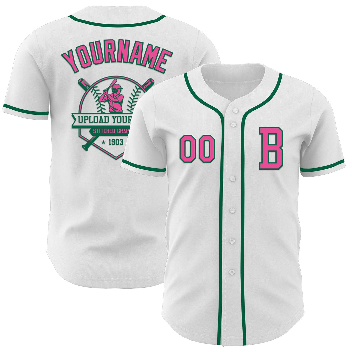Custom White Pink-Kelly Green Authentic Baseball Jersey view 5