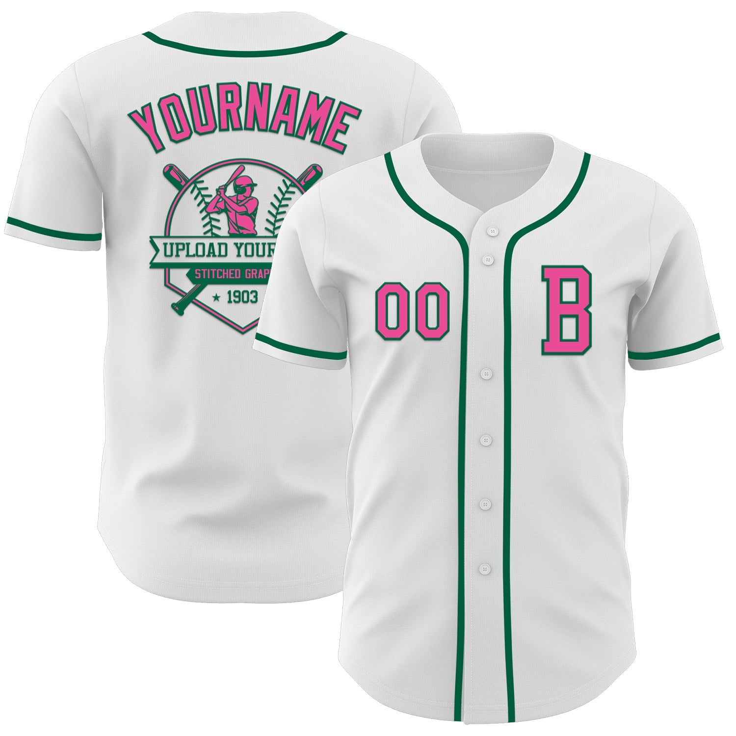 Custom White Pink-Kelly Green Authentic Baseball Jersey view 5