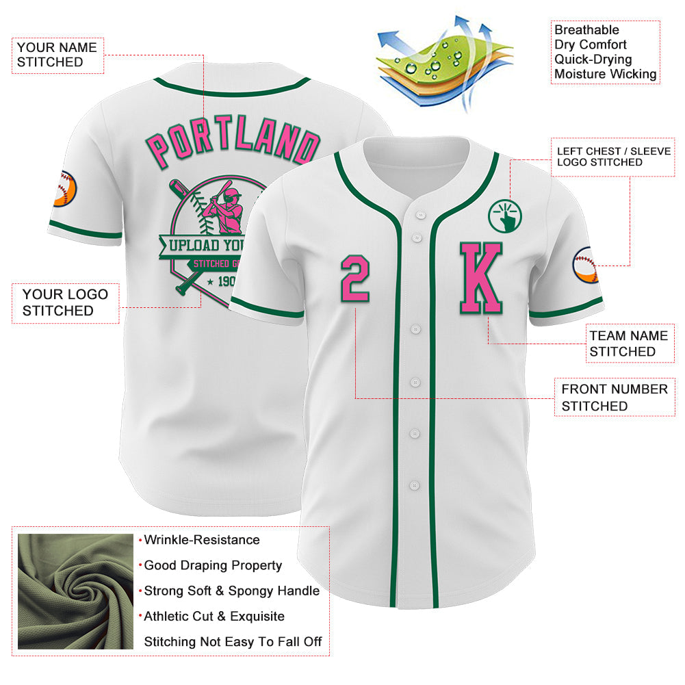 Custom White Pink-Kelly Green Authentic Baseball Jersey view 6