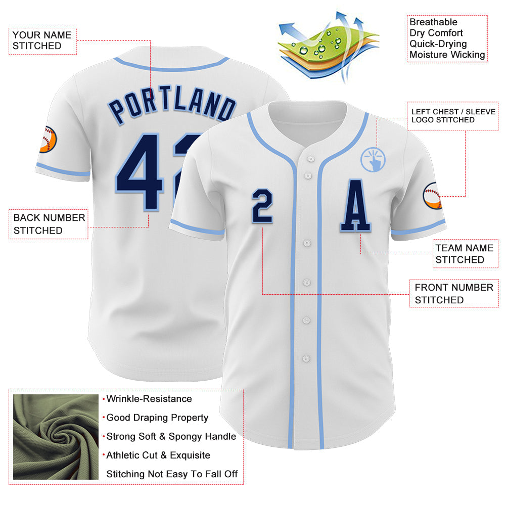 Custom White Navy-Light Blue Authentic Baseball Jersey view 2