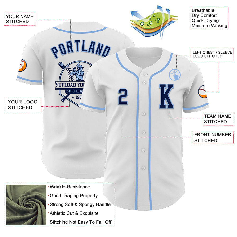 Custom White Navy-Light Blue Authentic Baseball Jersey view 6