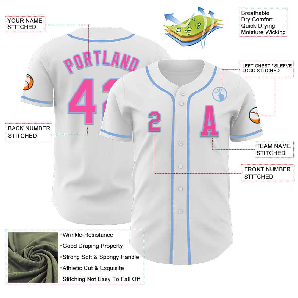 Custom White Pink-Light Blue Authentic Baseball Jersey view 2