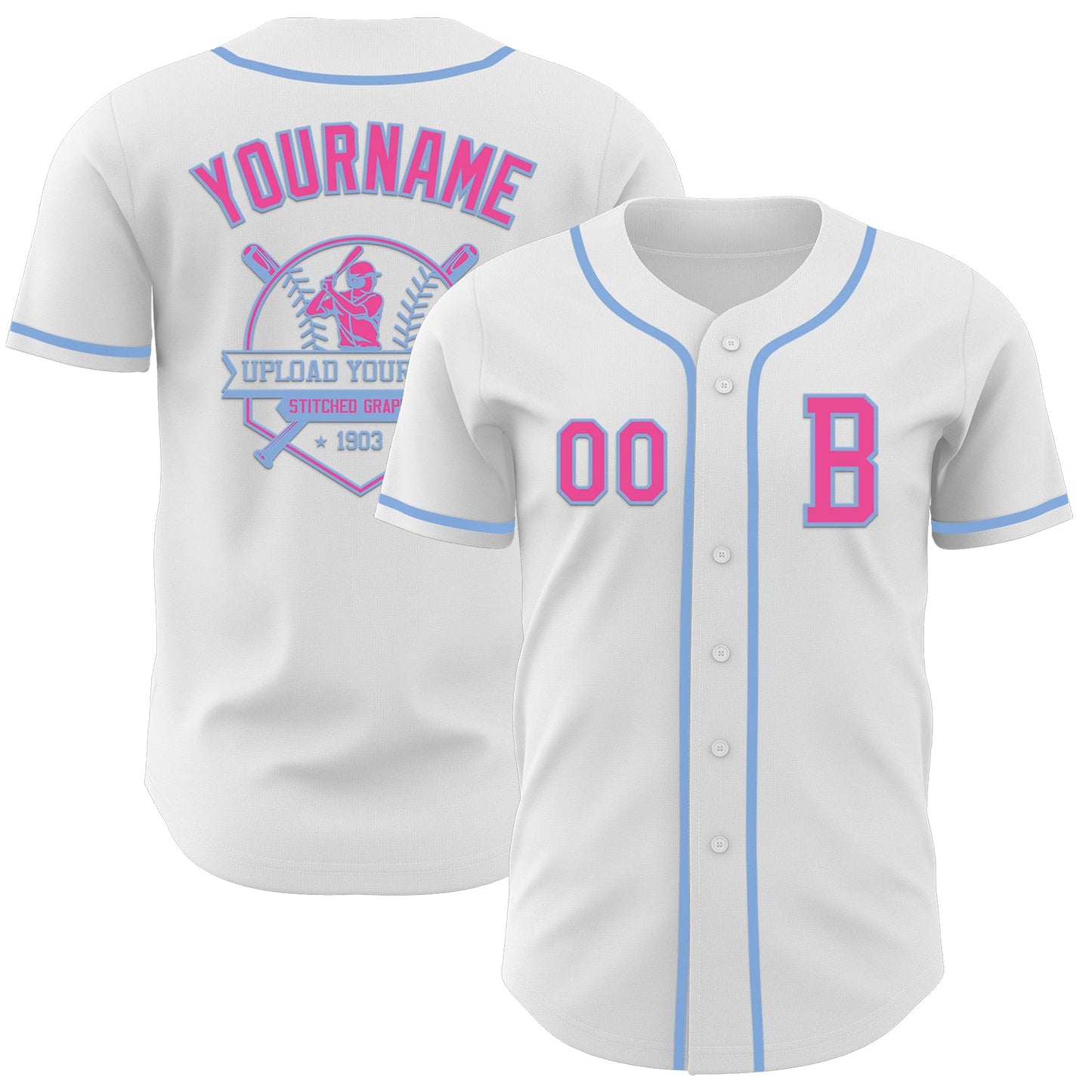 Custom White Pink-Light Blue Authentic Baseball Jersey view 5