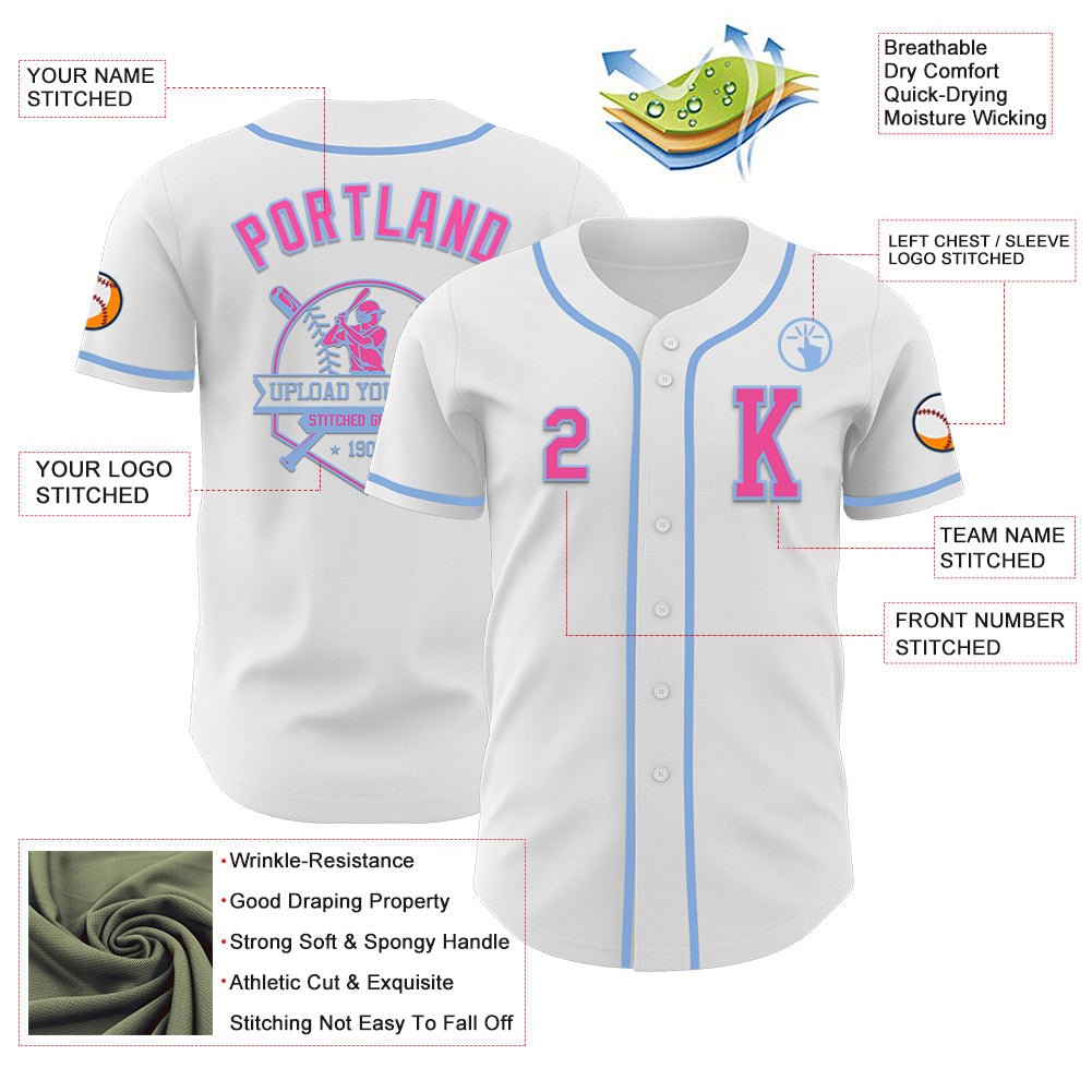 Custom White Pink-Light Blue Authentic Baseball Jersey view 6