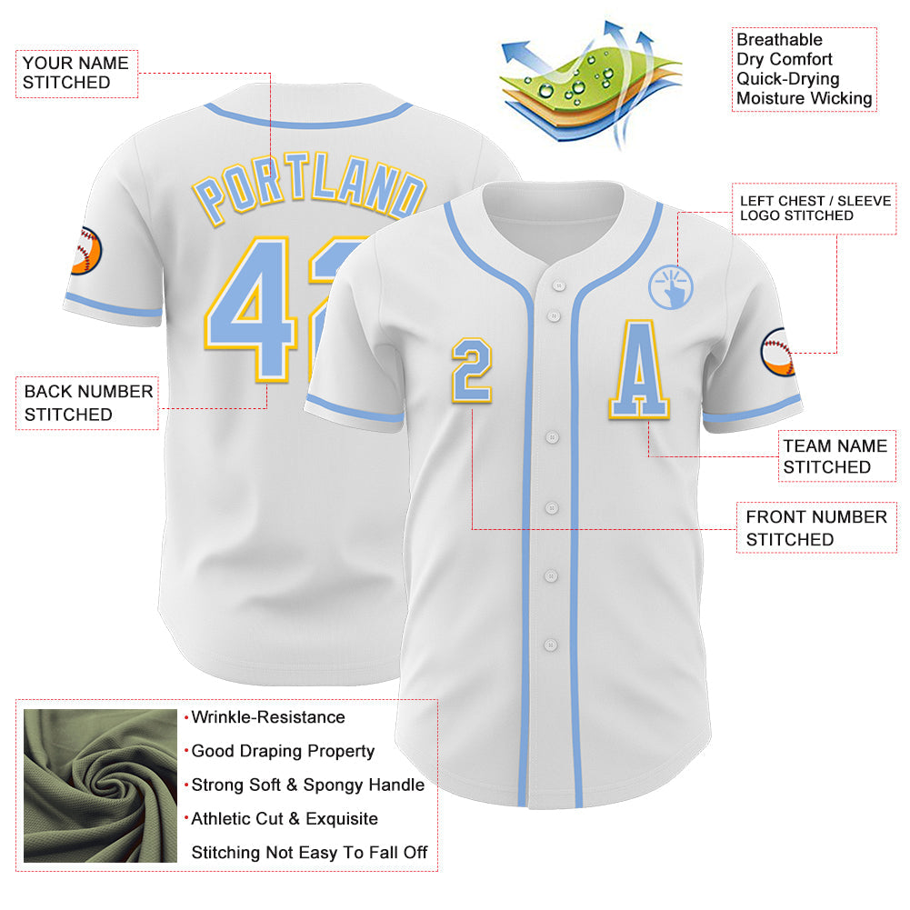 Custom White Light Blue-Yellow Authentic Baseball Jersey view 2