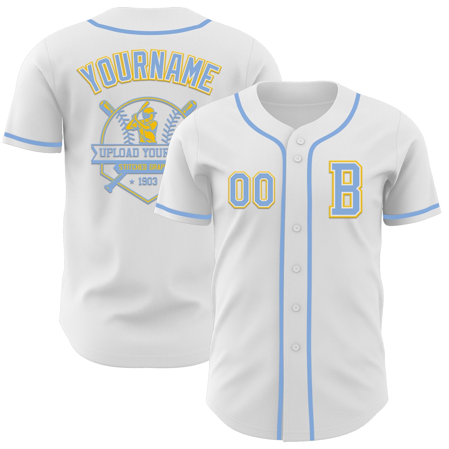 Custom White Light Blue-Yellow Authentic Baseball Jersey view 5