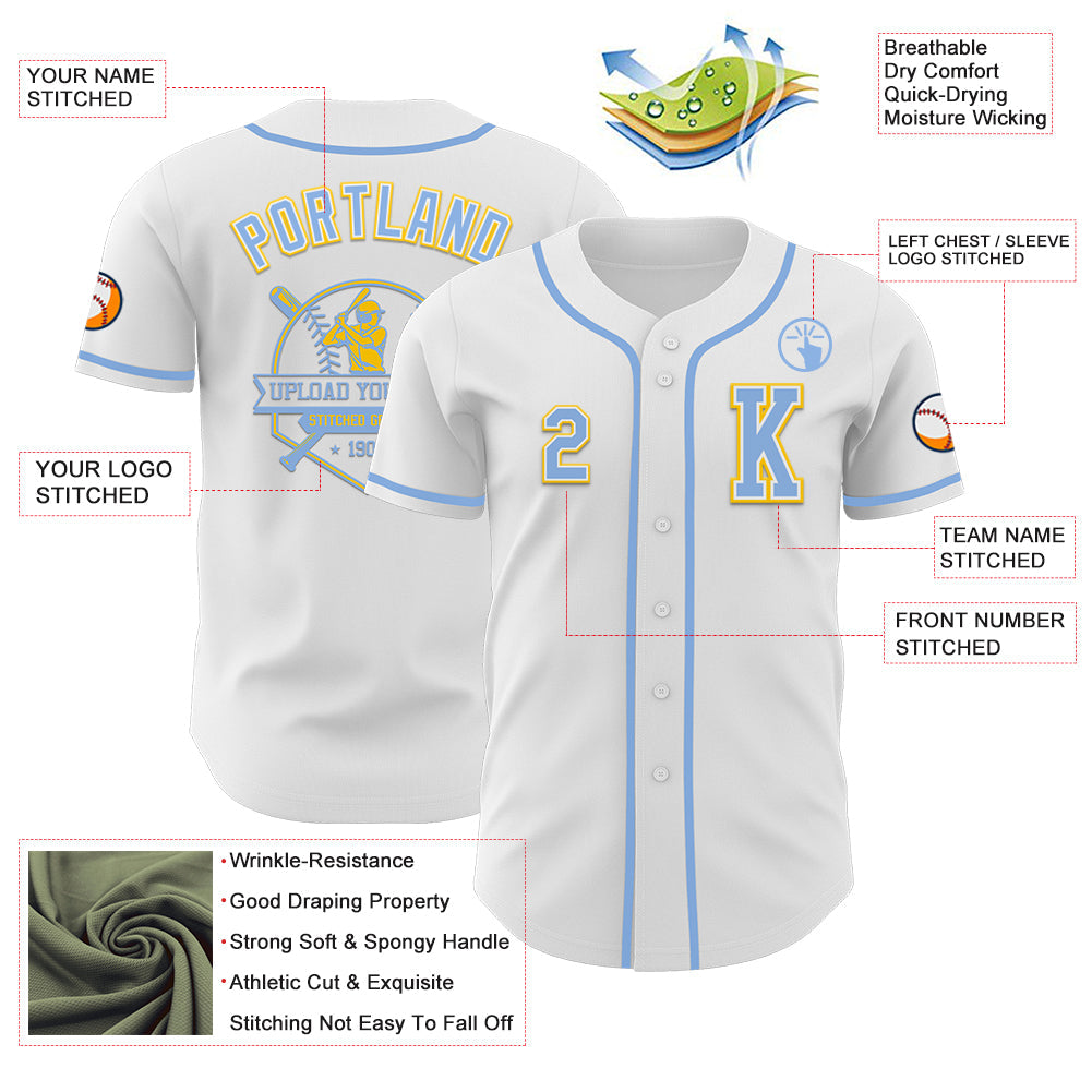 Custom White Light Blue-Yellow Authentic Baseball Jersey view 6