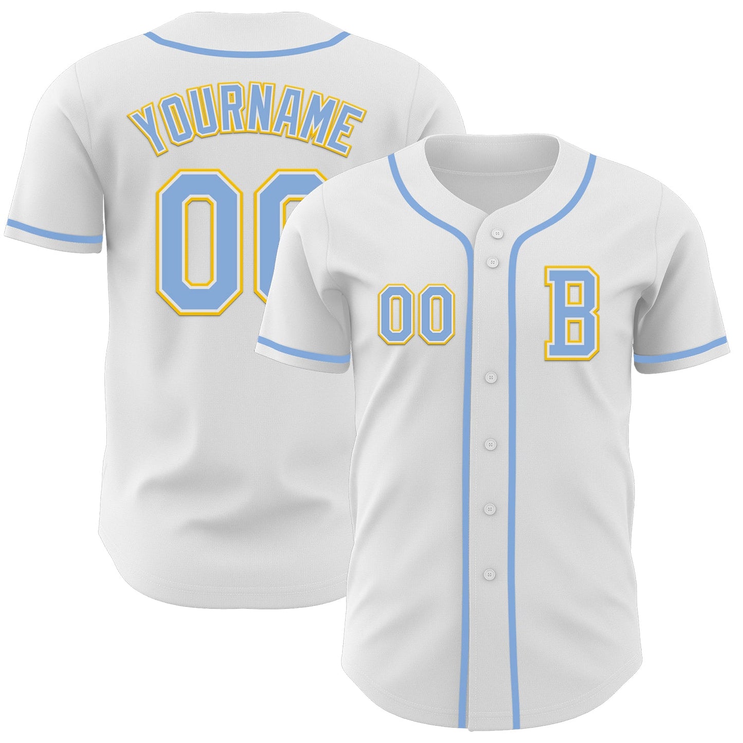 Custom White Light Blue-Yellow Authentic Baseball Jersey - Main View