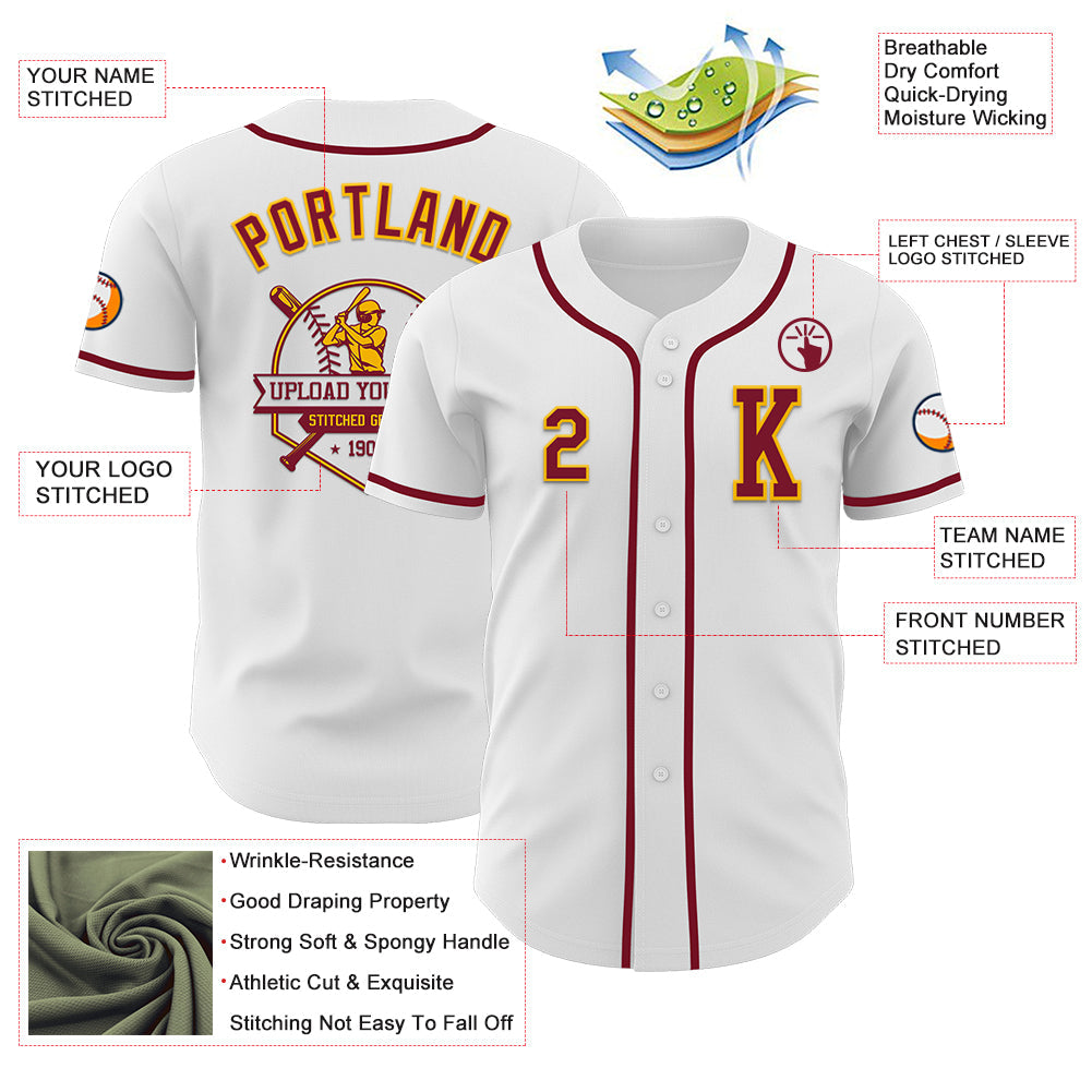 Custom White Crimson-Gold Authentic Baseball Jersey view 6