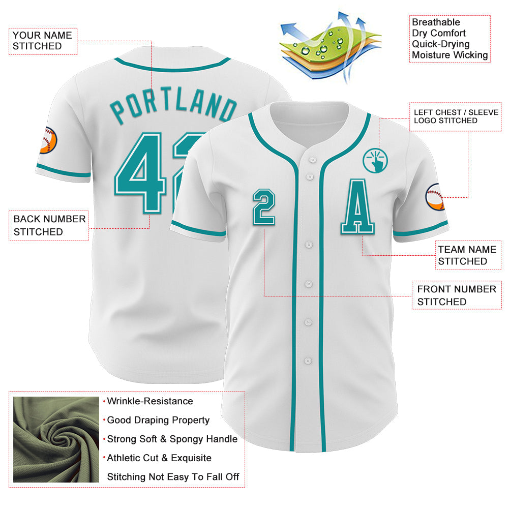 Custom White Teal Authentic Baseball Jersey view 2