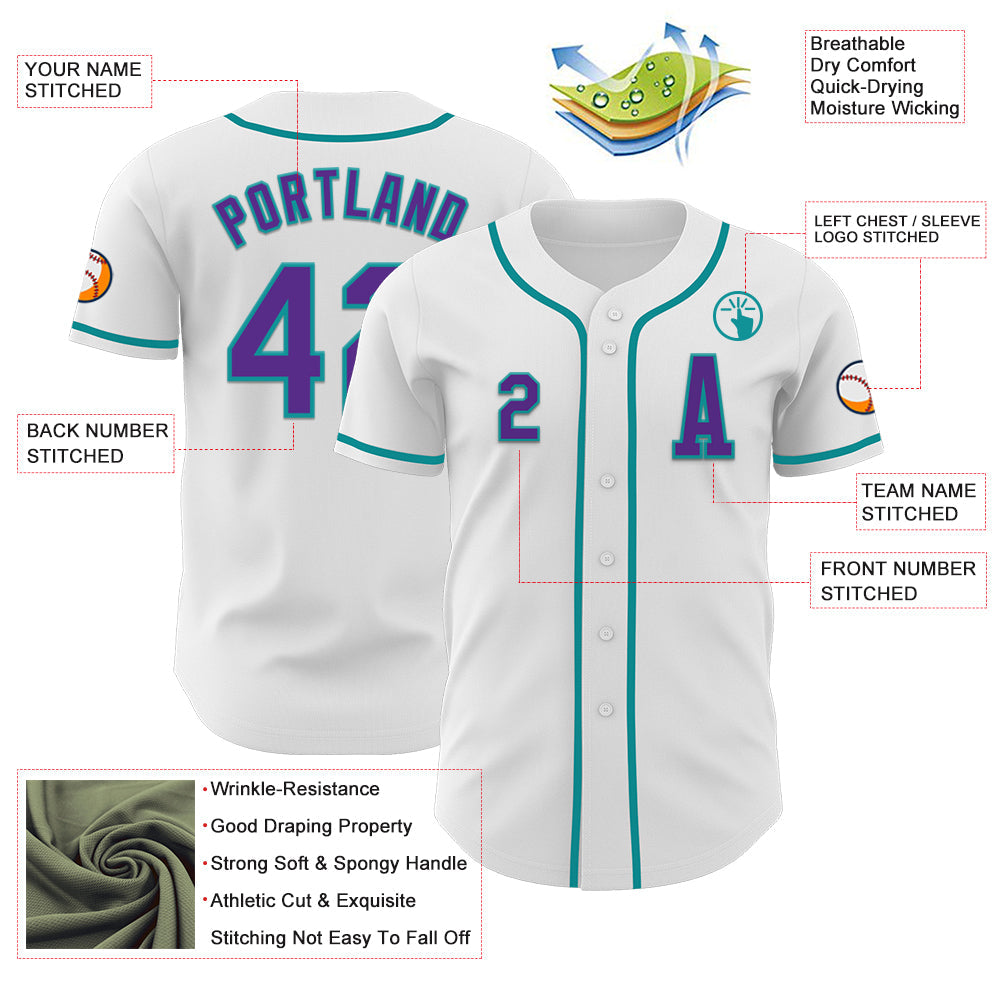 Custom White Purple-Teal Authentic Baseball Jersey view 2