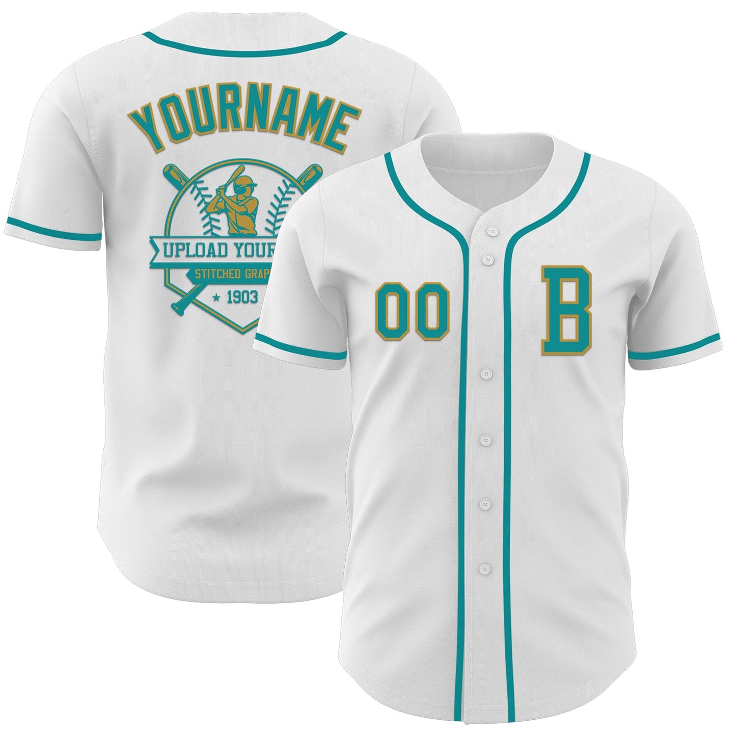 Custom White Teal-Old Gold Authentic Baseball Jersey view 5