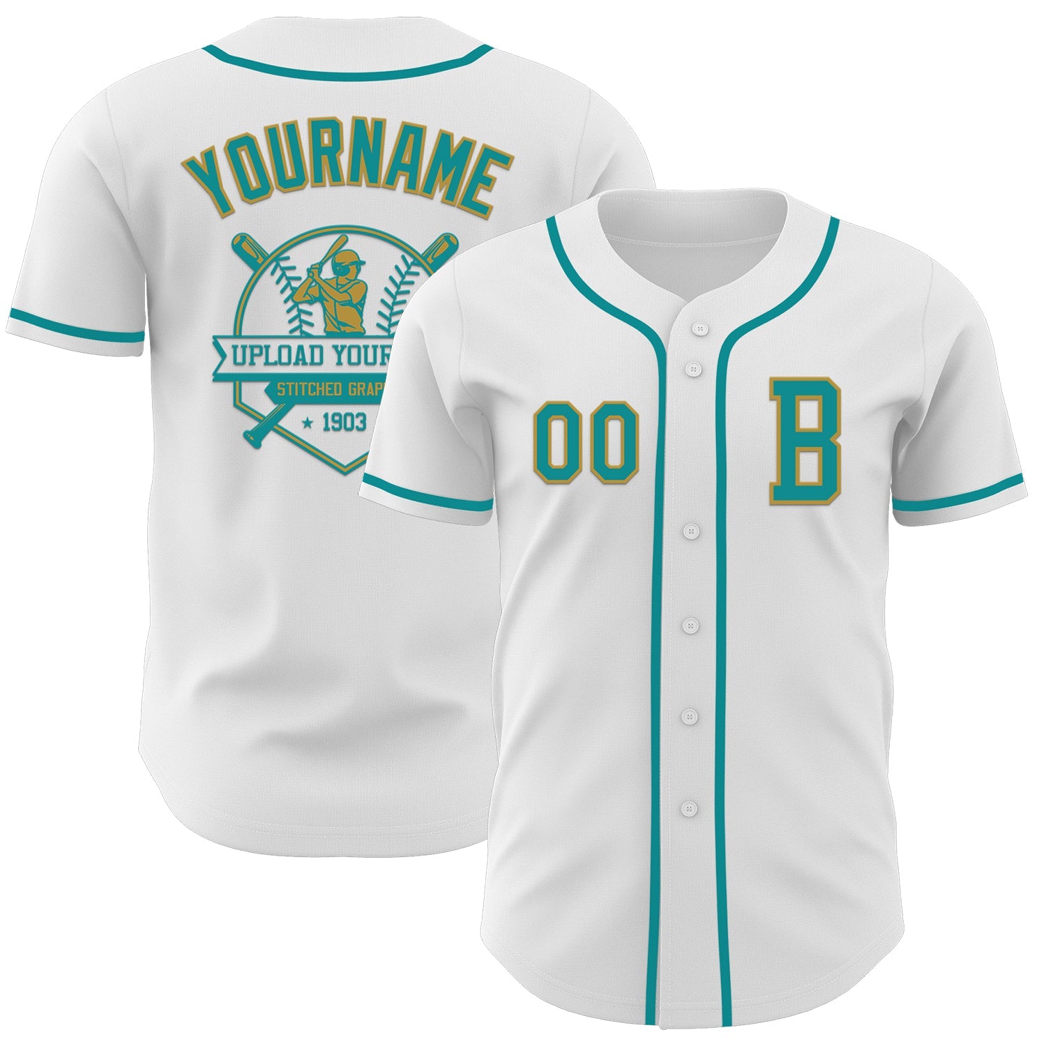 Custom White Teal-Old Gold Authentic Baseball Jersey view 5