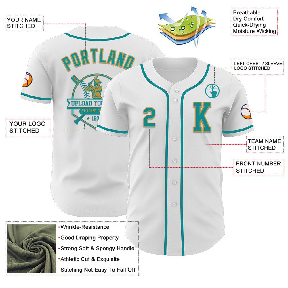 Custom White Teal-Old Gold Authentic Baseball Jersey view 6