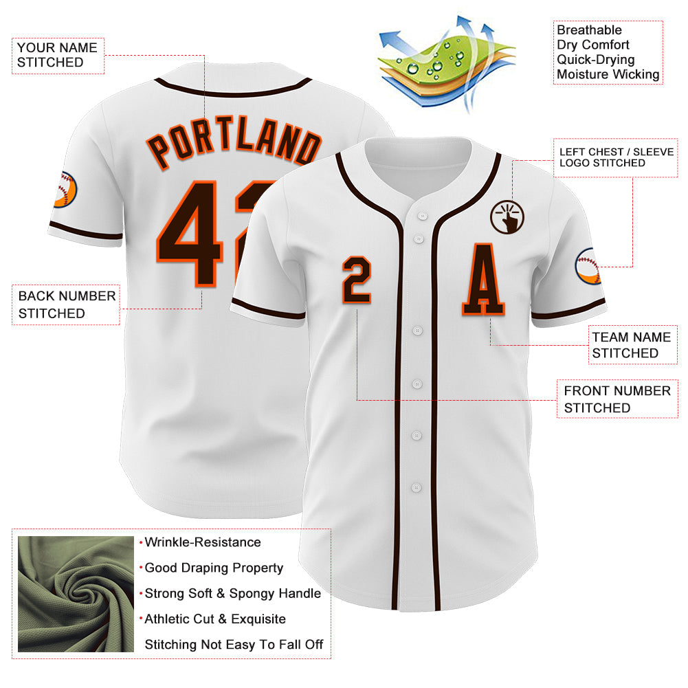 Custom White Brown-Orange Authentic Baseball Jersey view 2