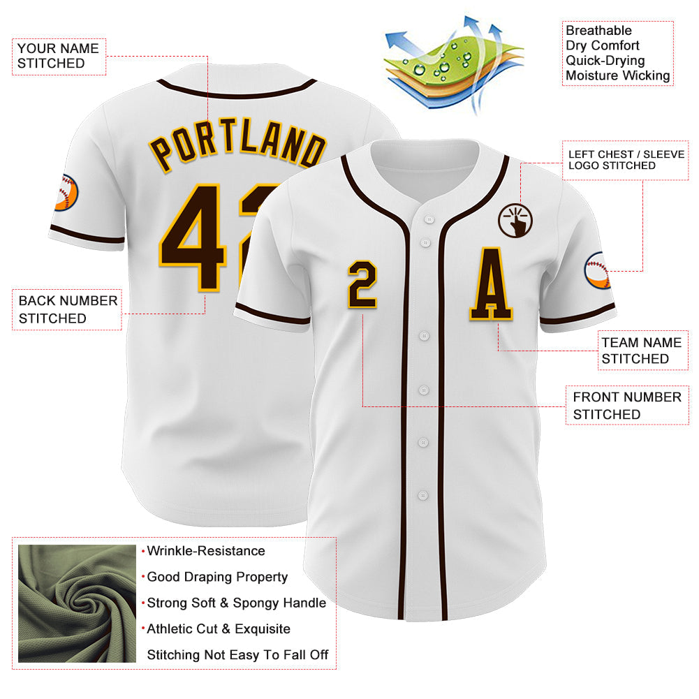 Custom White Brown-Gold Authentic Baseball Jersey view 2