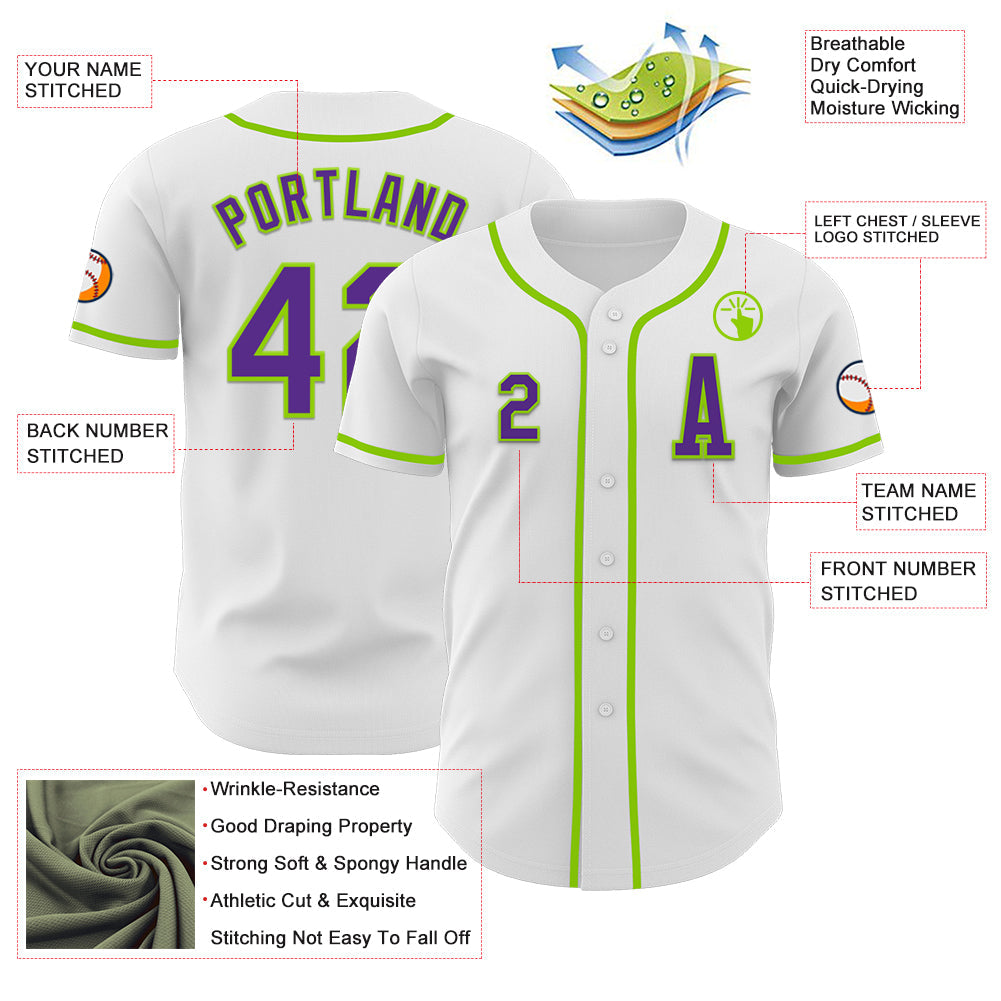 Custom White Purple-Neon Green Authentic Baseball Jersey view 2