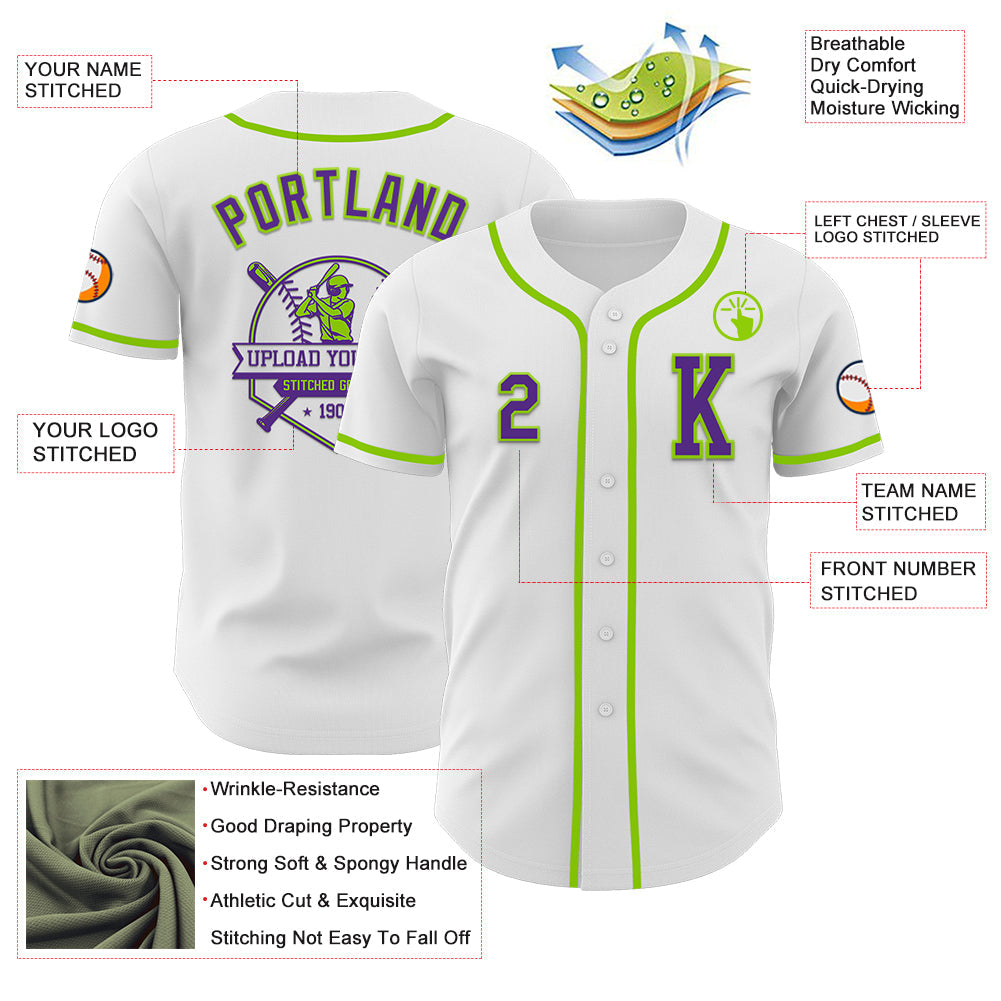 Custom White Purple-Neon Green Authentic Baseball Jersey view 6