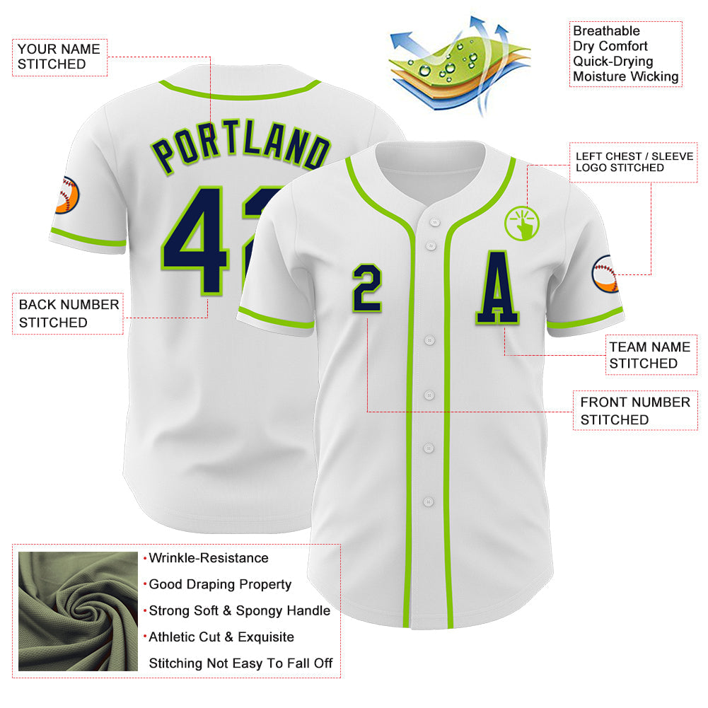 Custom White Navy-Neon Green Authentic Baseball Jersey view 2