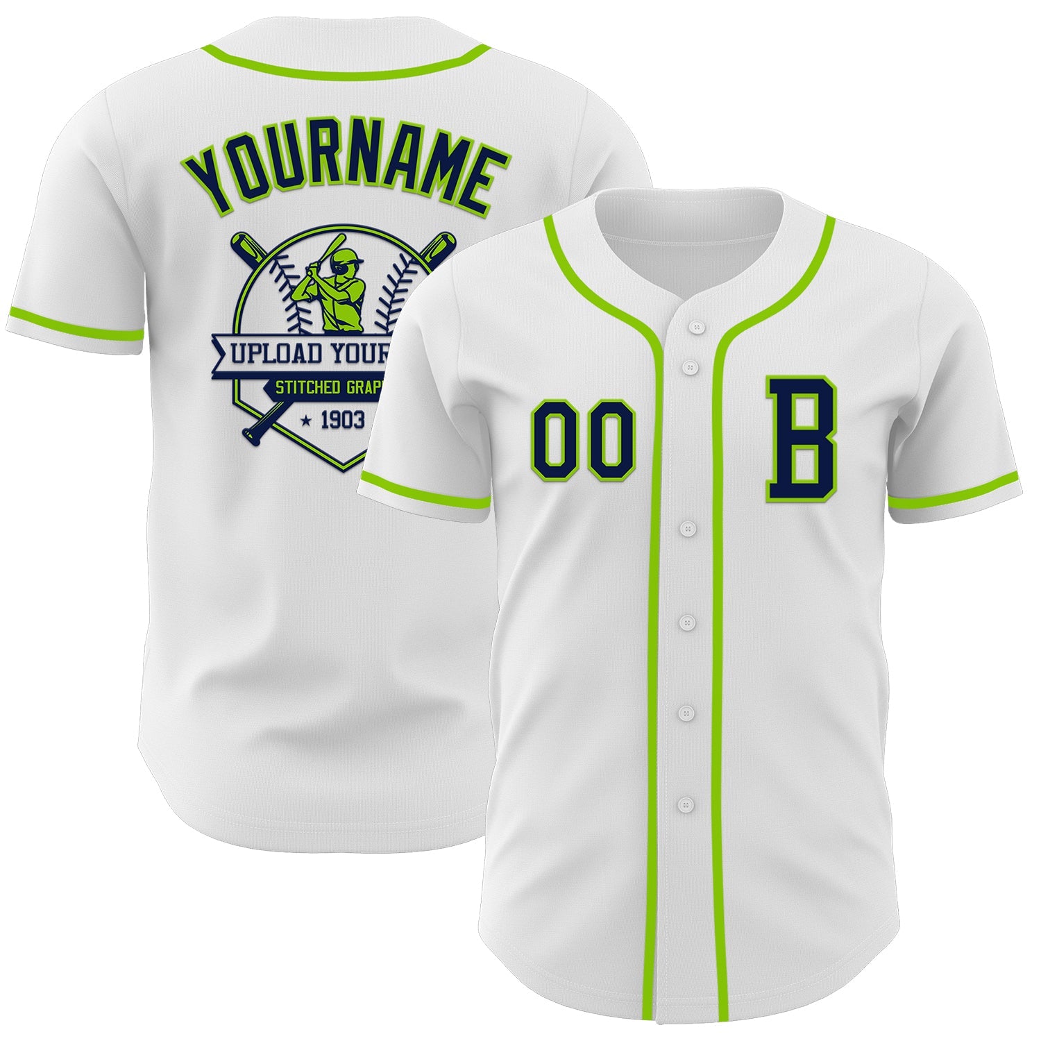 Custom White Navy-Neon Green Authentic Baseball Jersey view 5