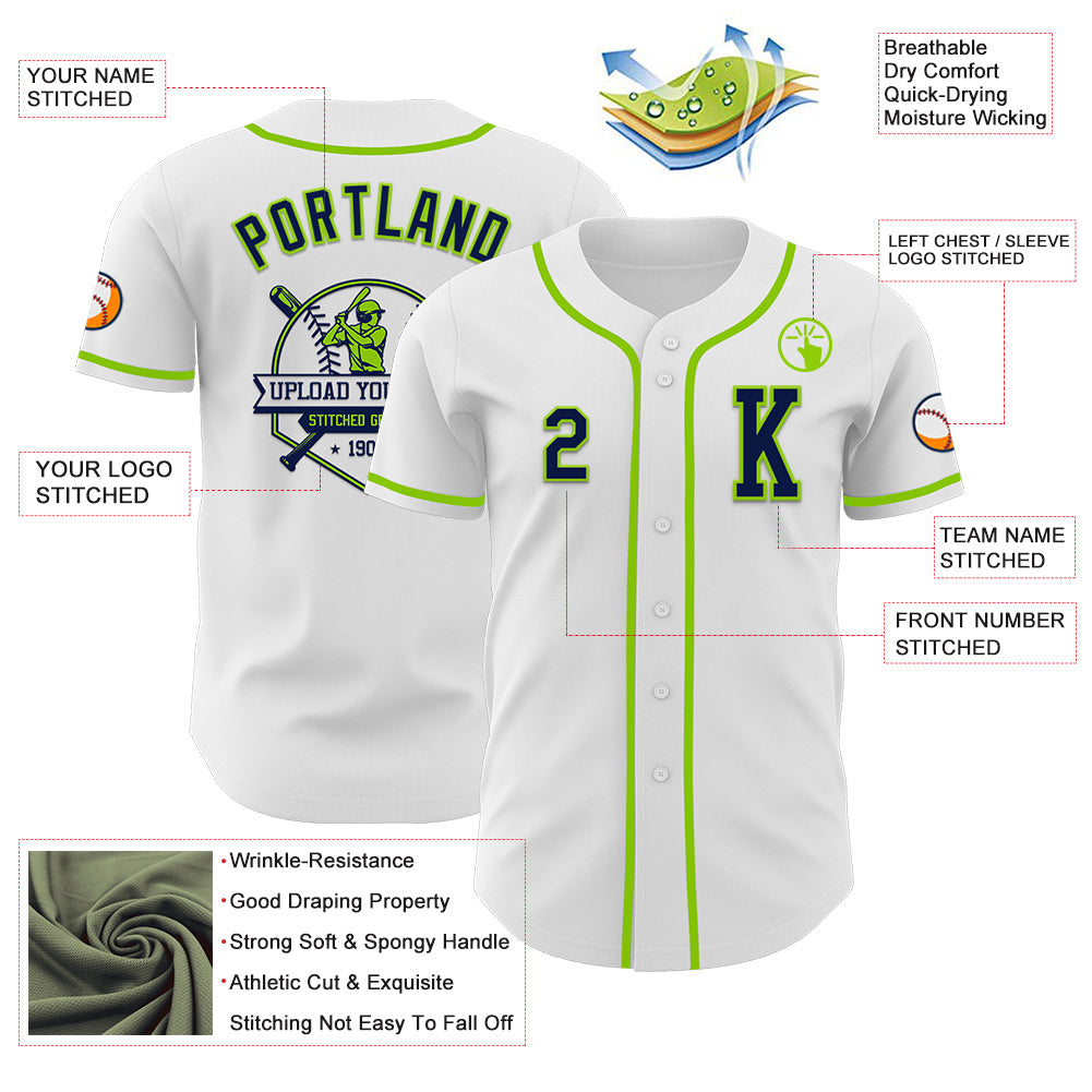 Custom White Navy-Neon Green Authentic Baseball Jersey view 6