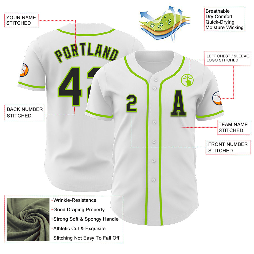 Custom White Black-Neon Green Authentic Baseball Jersey view 2
