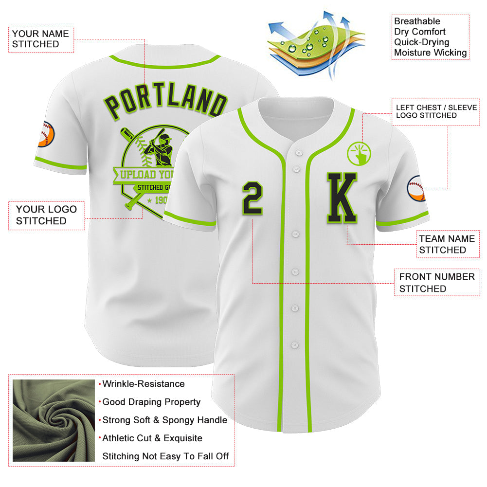 Custom White Black-Neon Green Authentic Baseball Jersey view 6