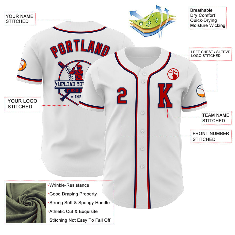 Custom White Red-Navy Authentic Baseball Jersey view 6