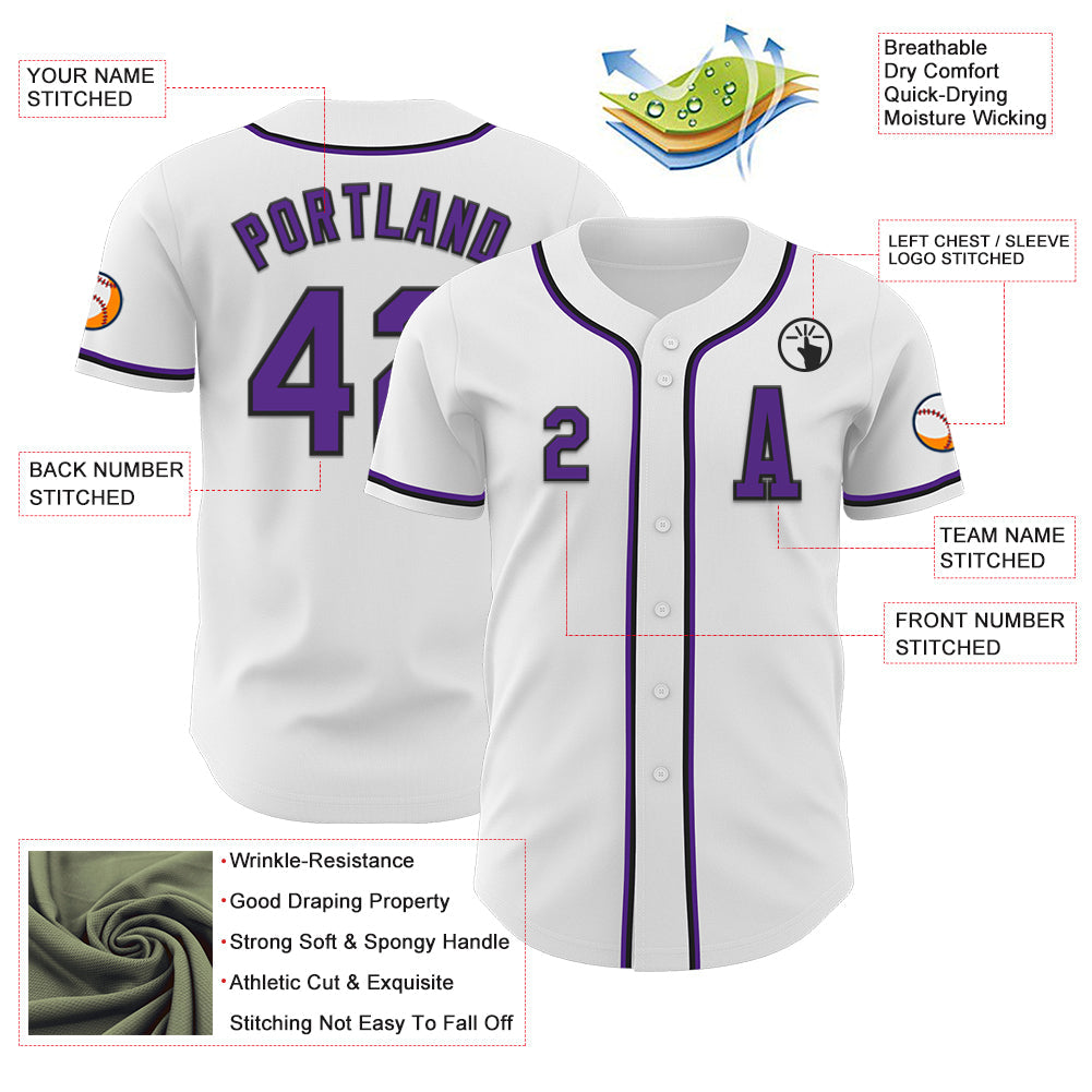 Custom White Purple-Black Authentic Baseball Jersey view 2