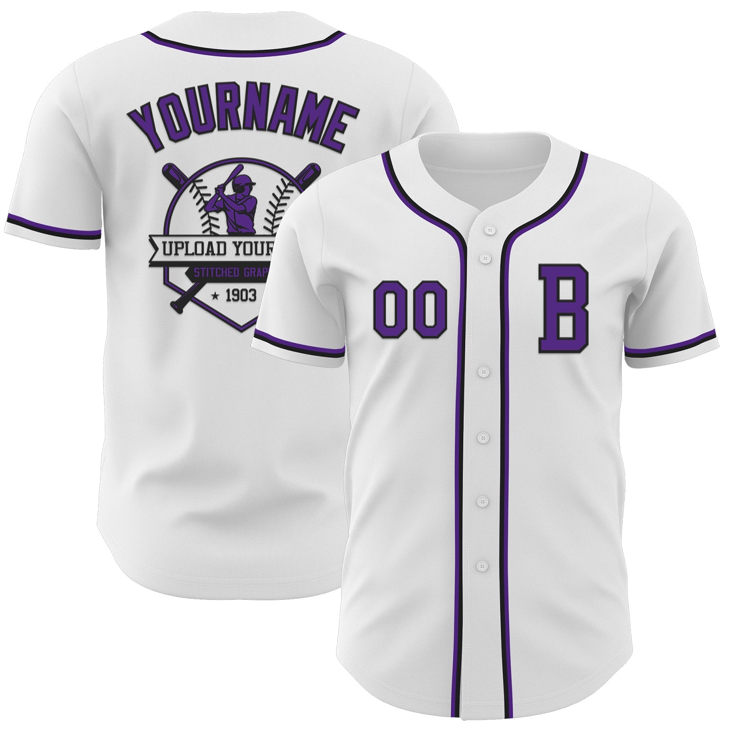 Custom White Purple-Black Authentic Baseball Jersey view 5