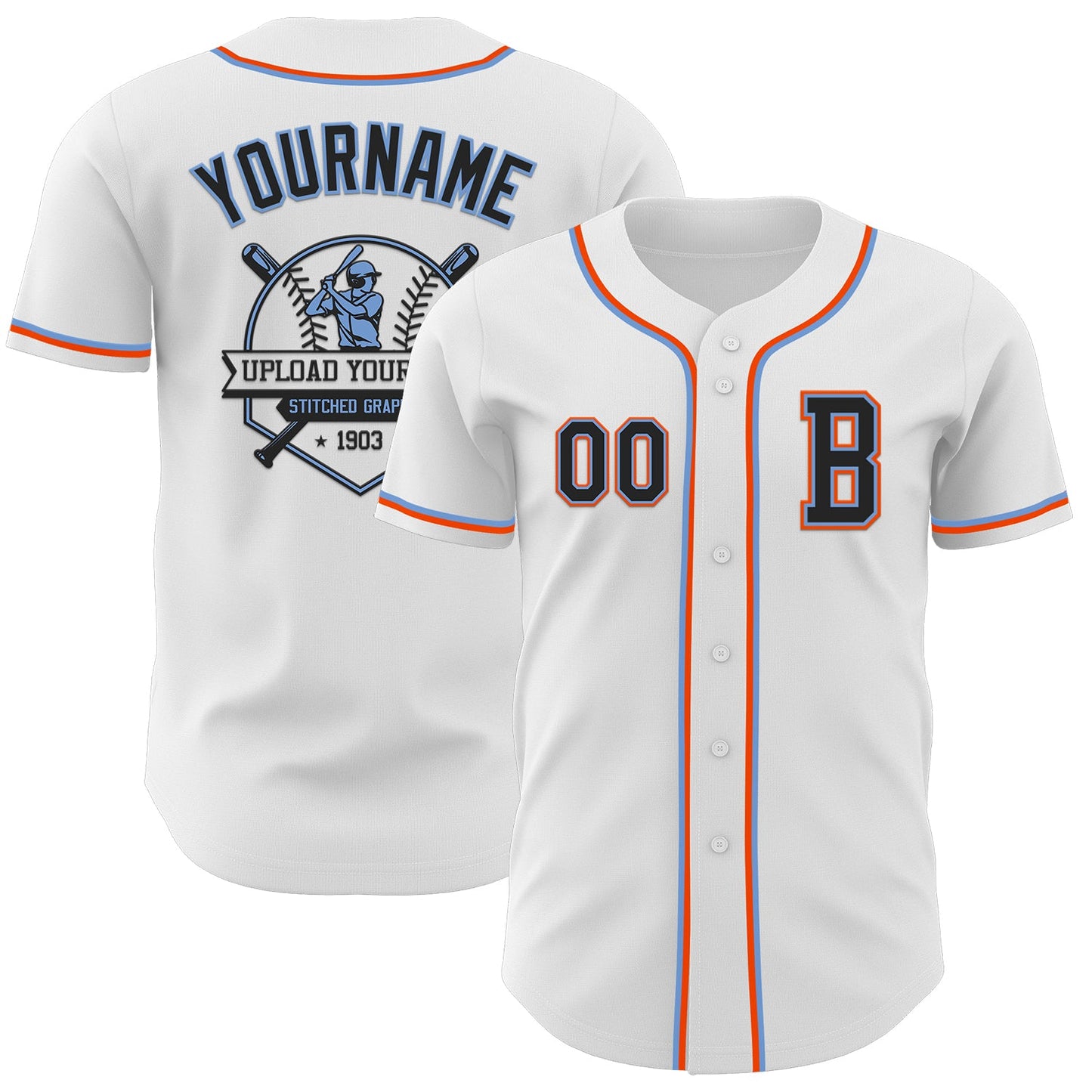 Custom White Black Powder Blue-Orange Authentic Baseball Jersey view 5