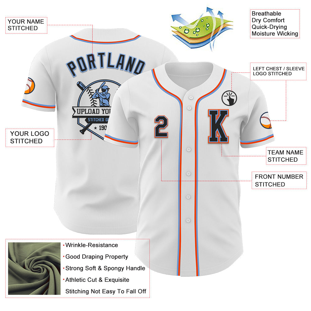 Custom White Black Powder Blue-Orange Authentic Baseball Jersey view 6