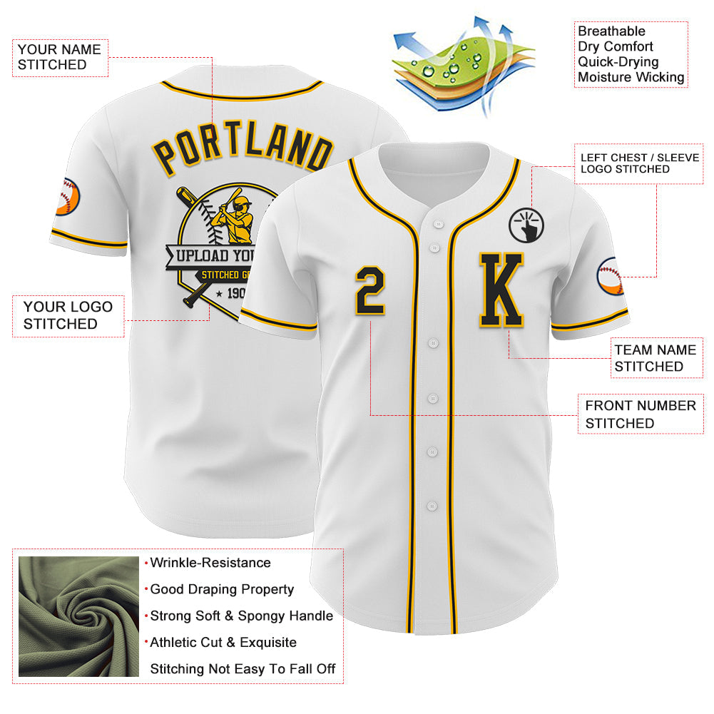Custom White Black-Gold Authentic Baseball Jersey view 6