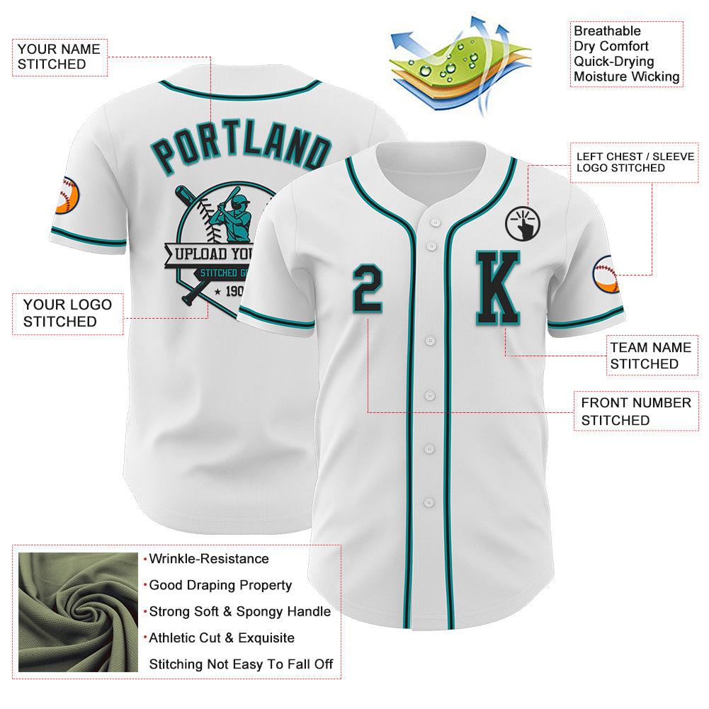 Custom White Black-Teal Authentic Baseball Jersey view 6