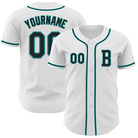 Custom White Black-Teal Authentic Baseball Jersey - Main View