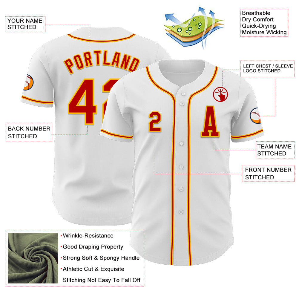 Custom White Red-Gold Authentic Baseball Jersey view 2