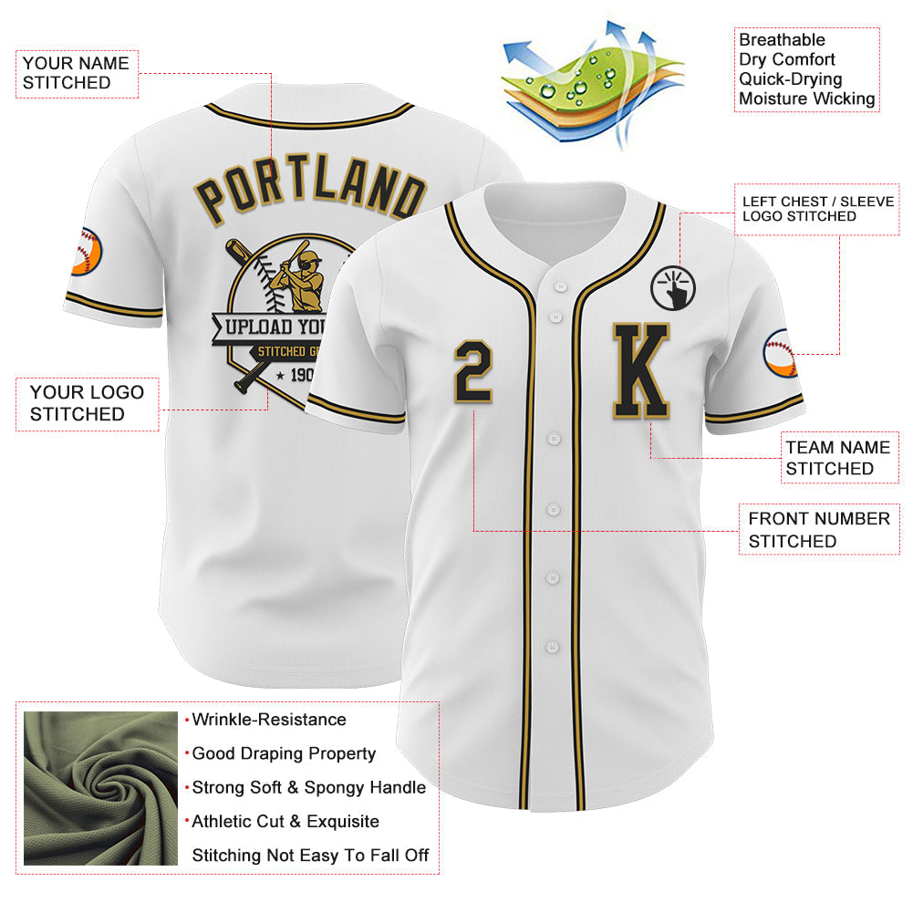 Custom White Black-Old Gold Authentic Baseball Jersey view 6