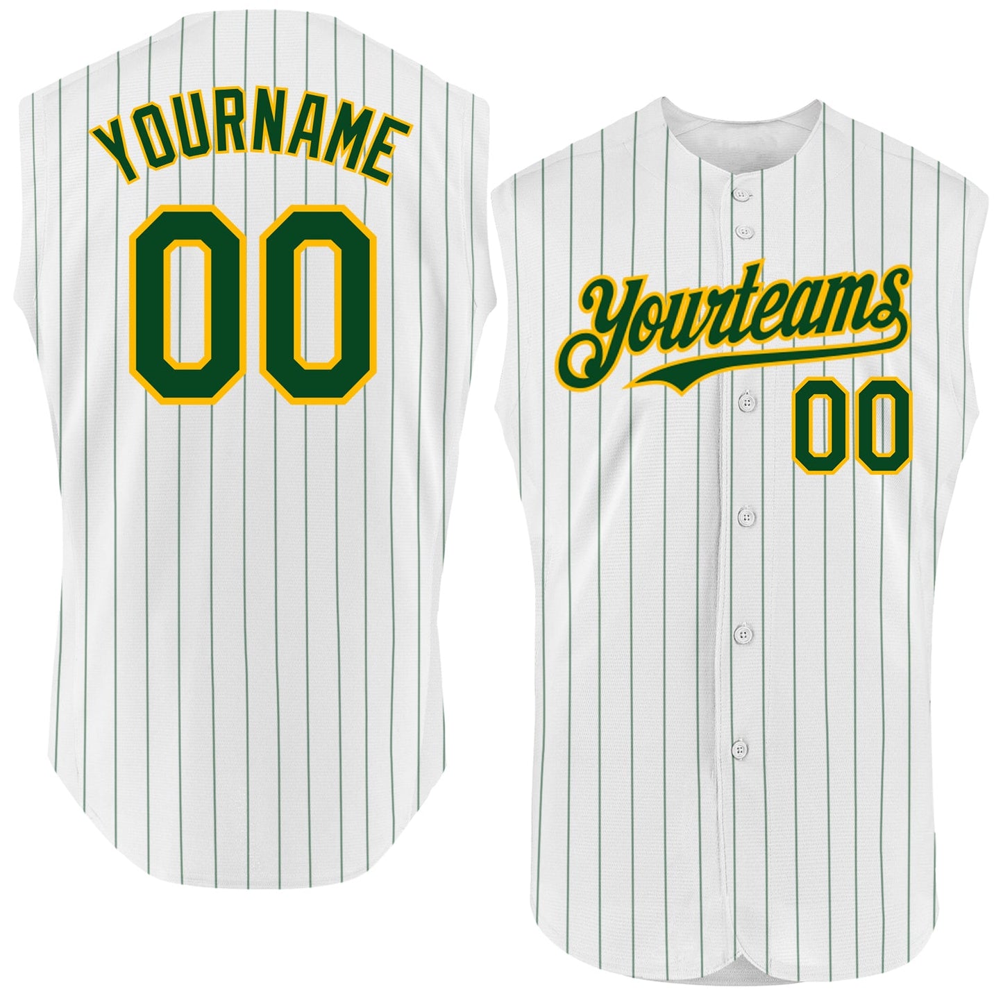 Custom White Green Pinstripe Gold Authentic Sleeveless Baseball Jersey - Main View